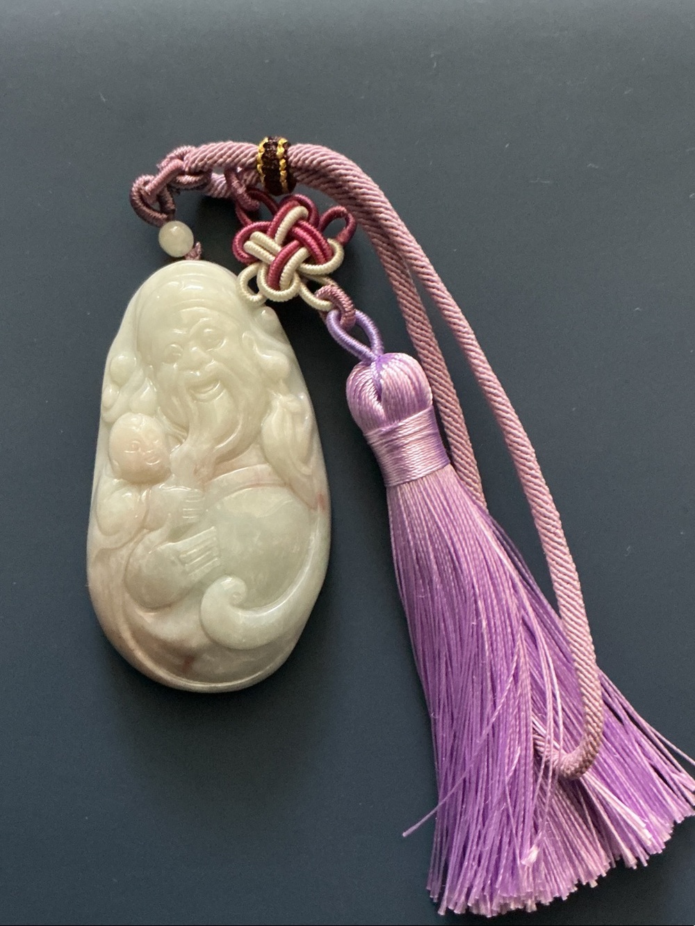 White Jade Prosperity Brooch with Pink and Purple Tassel